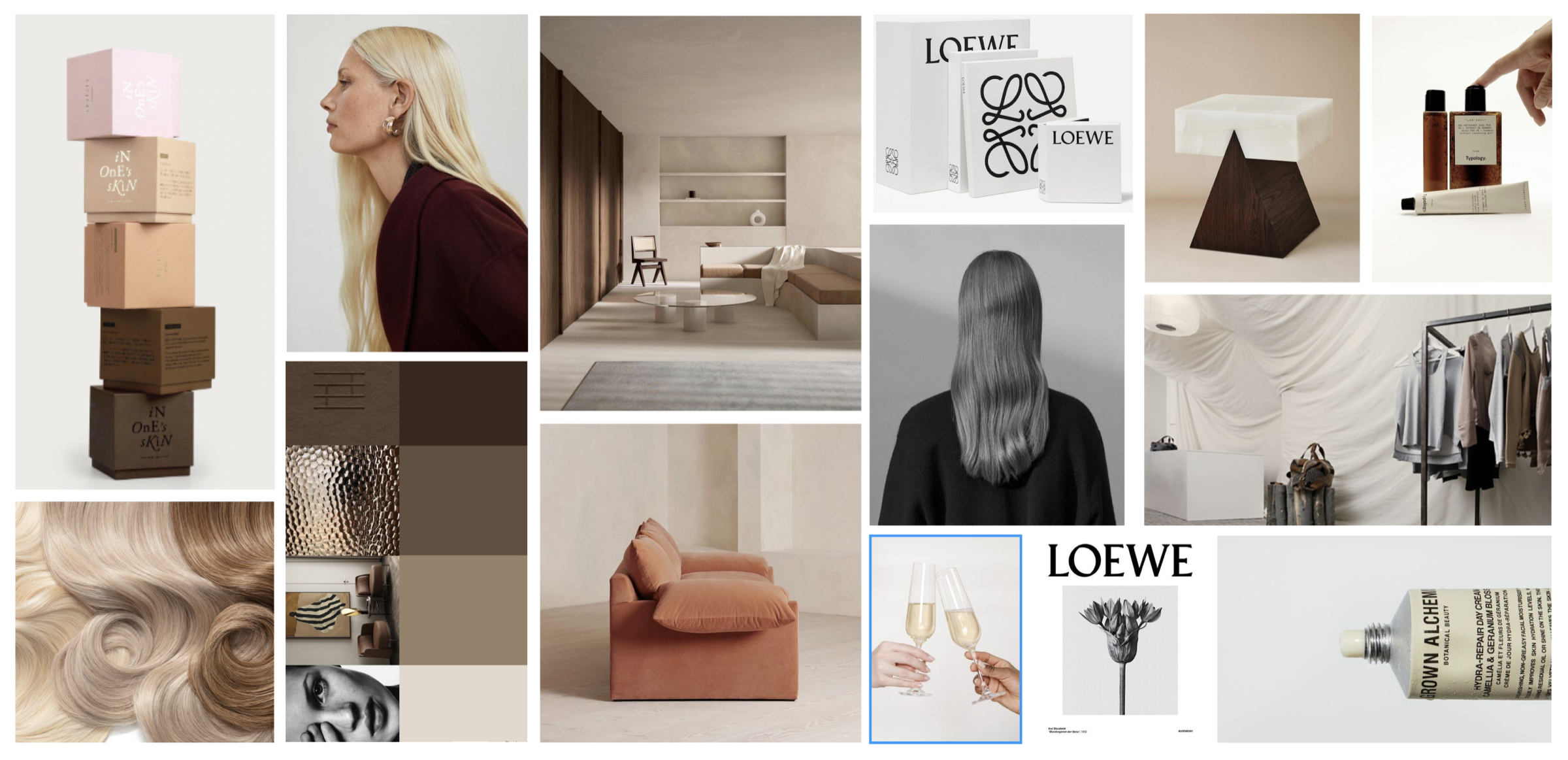 Concept II — refined Atelier Essence moodboard: elegant neutrals, taupe and blush with a quiet luxury reference